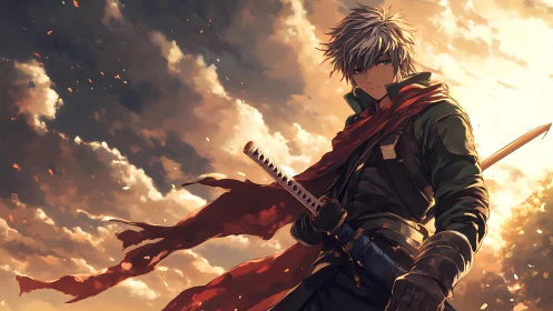 Sword-wielding anime warrior stands before illuminated clouds