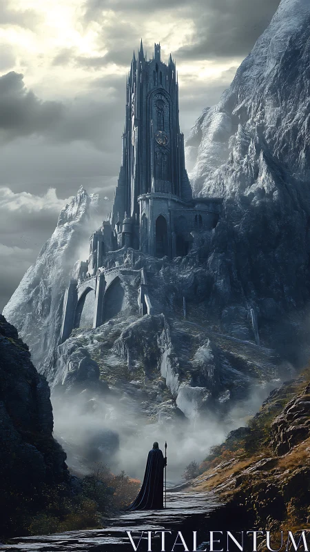 Lone traveler approaches a misty mountain spire of secrets.