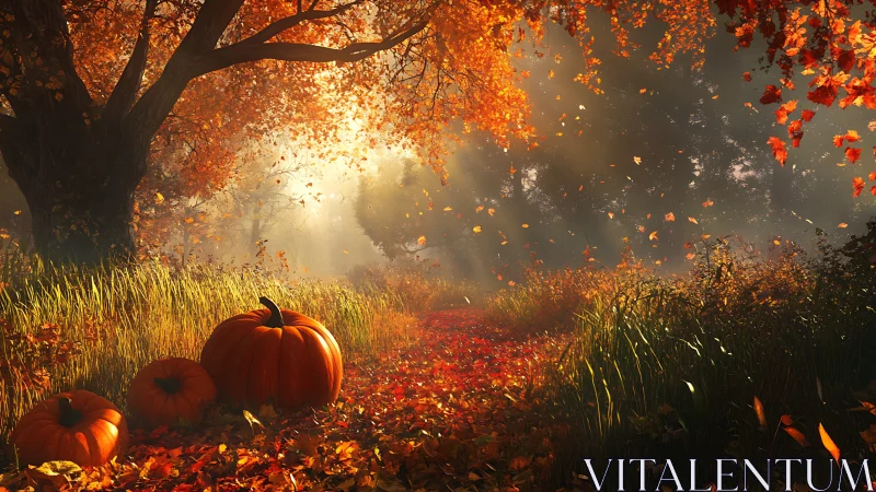 Pumpkins lounge beneath a golden storm of autumn light.