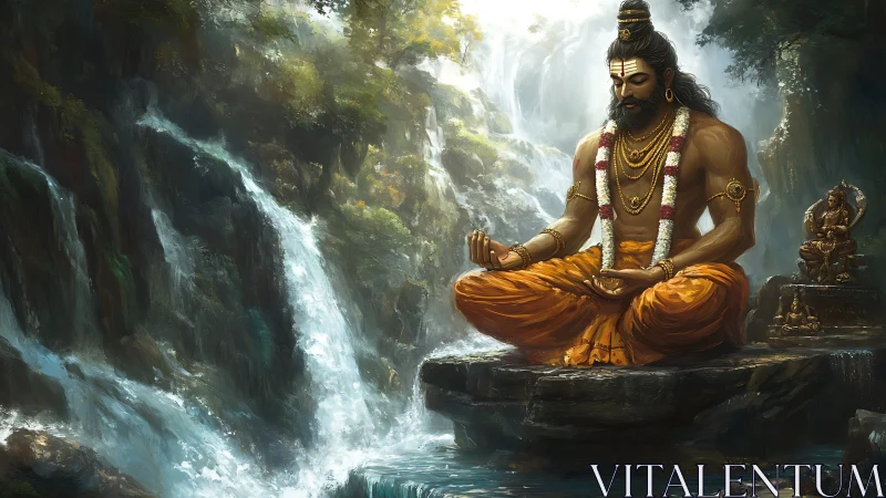 Sage in orange robes meditates before misted mountain waterfall.