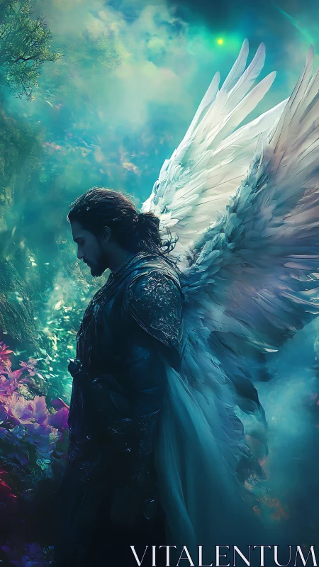 Winged armored figure in luminous forest environment.