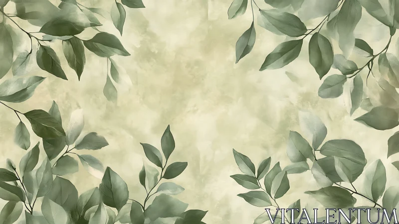 Layered botanical foliage framing soft desaturated watercolor field