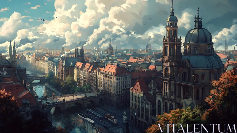 Riverside European cityscape with baroque cathedral at sunset