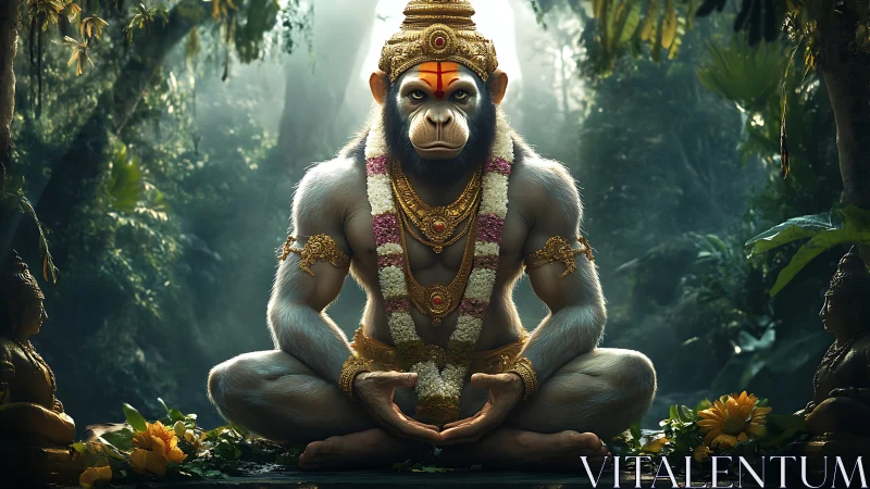 Divine monkey deity meditates in a sunlit jungle sanctuary