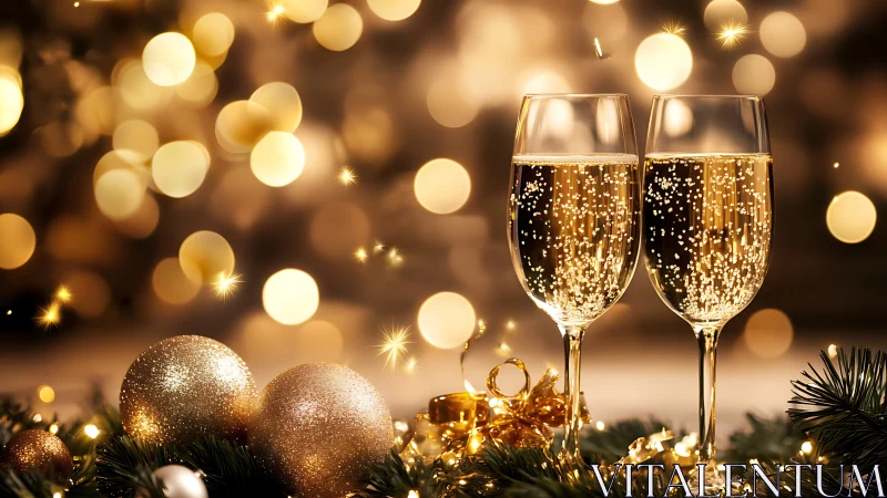 Golden champagne flutes glow amid festive holiday bokeh