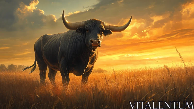 Sunlit bull standing in glowing golden prairie at dusk.