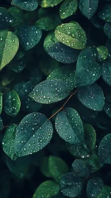 Gentle raindrops resting softly on deep green leaves.