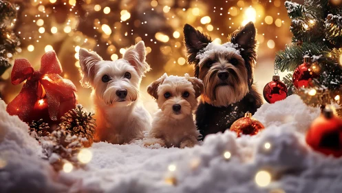 Trio of small dogs posed in snow against defocused festive bokeh