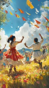 Children dancing in bright traditional clothes outdoors.