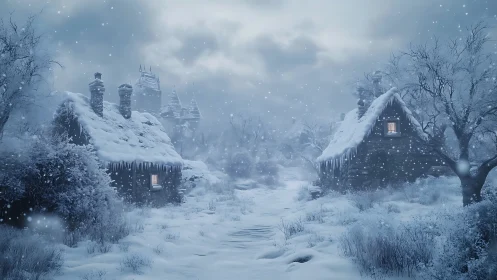 Digital painting of snowy cottages with atmospheric depth cues.