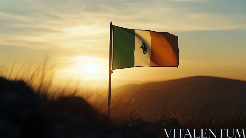 Sunlit tricolor banner rides the hilltop evening wind.