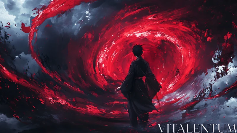 Lone warrior confronts vast swirling red vortex of chaos.