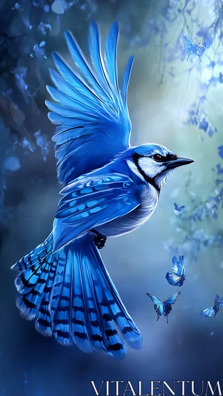 Blue Jay in Flight Surrounded by Ethereal Butterflies