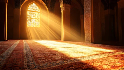 Sunbeams choreograph quiet prayer across a crimson hall