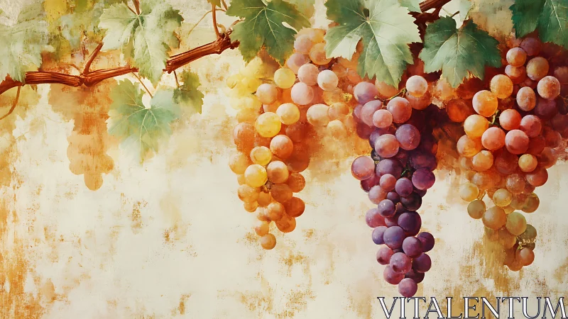 Grape clusters on vine over textured cream background.