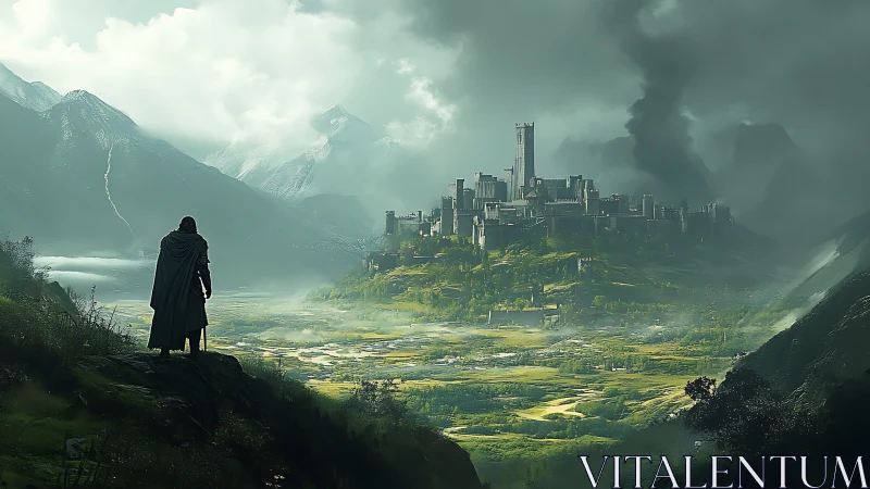 Lone cloaked wanderer overlooking stormlit mountain citadel.