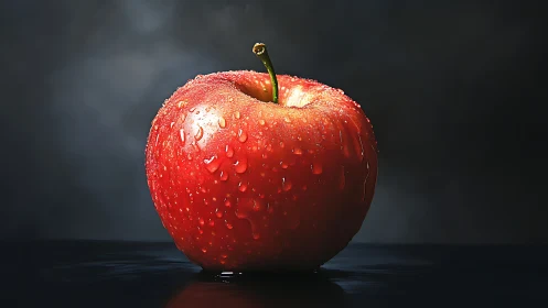 Photorealistic dewy red apple on dark gradient backdrop.