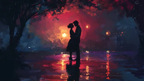 Silhouetted Couple Kissing in Luminous Sunset Reflection.