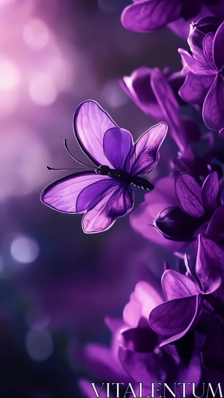 Purple butterfly in soft focus light over violet flowers.