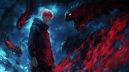 Red‑haired anime warrior confronts flaming shadow beasts