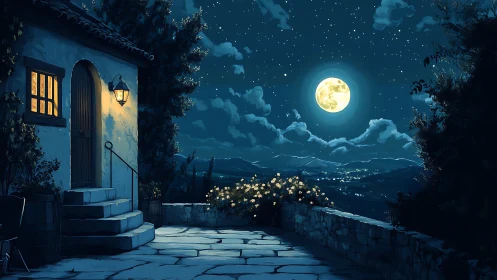 Moonlit terrace with small house and distant valley view.