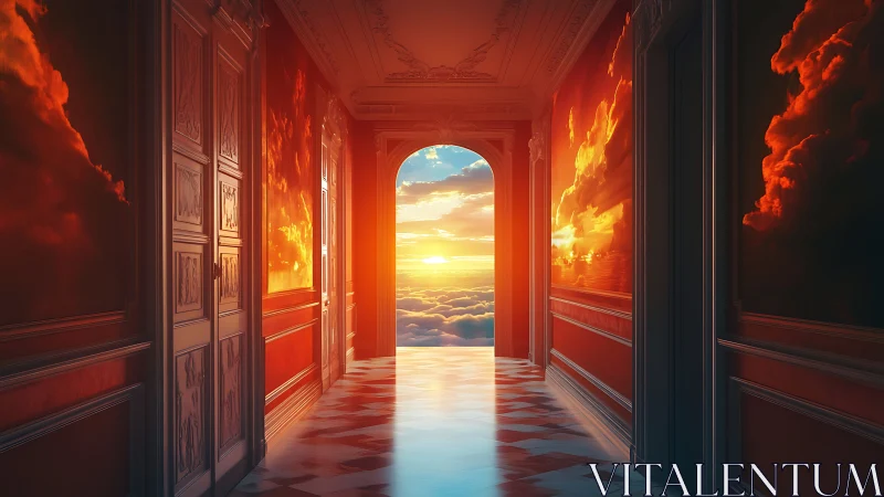 Celestial Corridor: Ornate Hallway Opens to Apocalyptic Sky