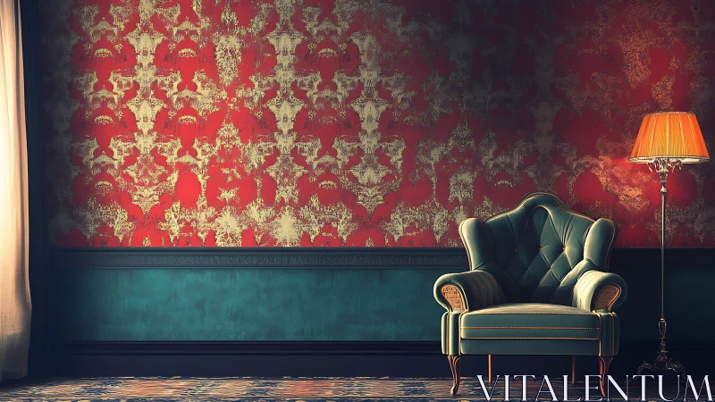 Cozy vintage armchair glowing against patterned red wall.