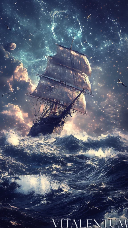 Star-kissed tall ship riding wild cosmic ocean waves.