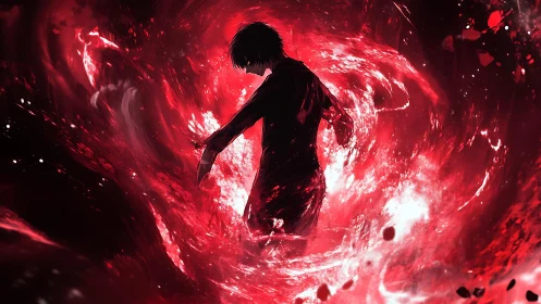 Swirling red energy wraps a lone figure in a dramatic storm