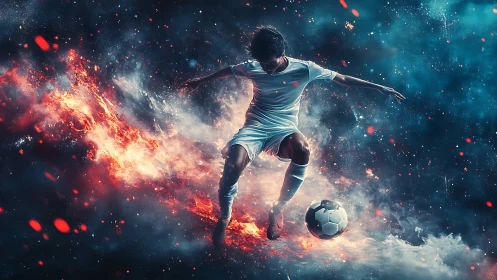 Dynamic footballer framed by particle flames and volumetric fog field
