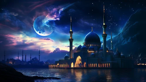 Moonlit domes by the water in a dreamy night sky.
