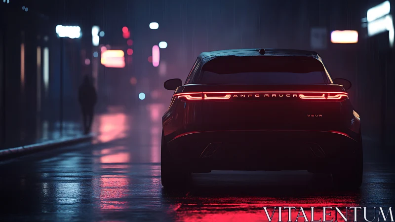 Electric crossover rear view on neon wet city street at night