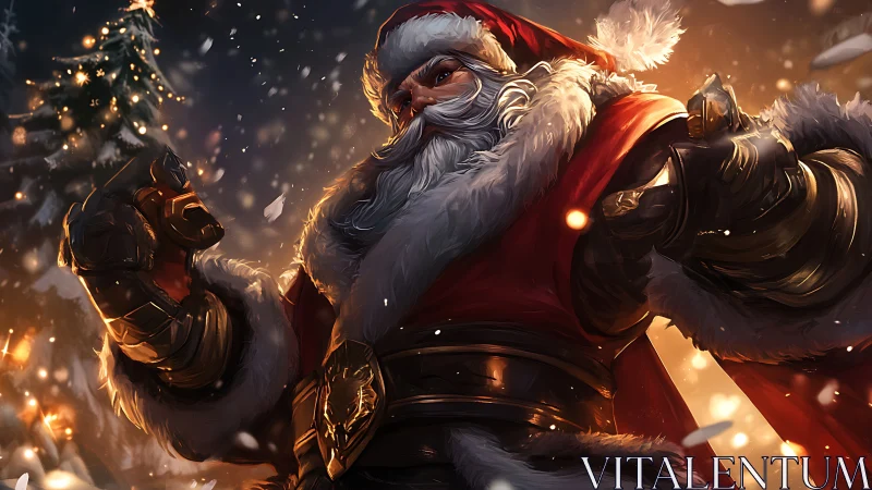 Battle ready Santa Claus in ornate armor amid falling snow