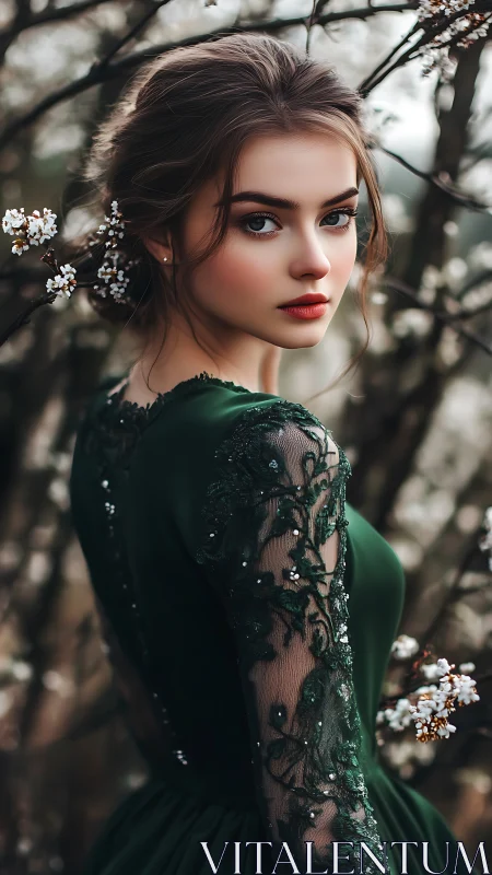 Portrait of young woman in emerald gown among blossoms.