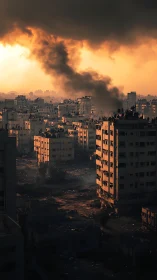 Smoke rises above damaged high-rise buildings at sunset