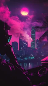 Neon city skyline under pink moon with distant observer.