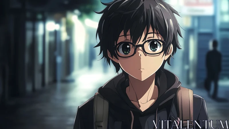 Softly lit anime boy with glasses in moody city street.