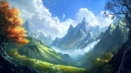 Luminous mountain valley under crescent sky panorama.