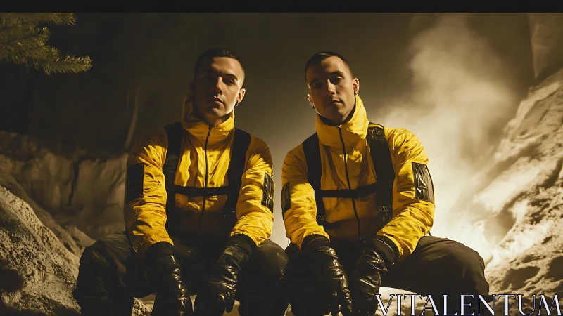 Two men in yellow jackets sitting in a rocky night scene.