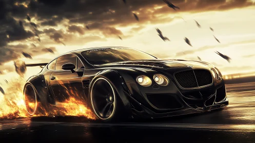 Black racing coupe drifts through fire on wet runway