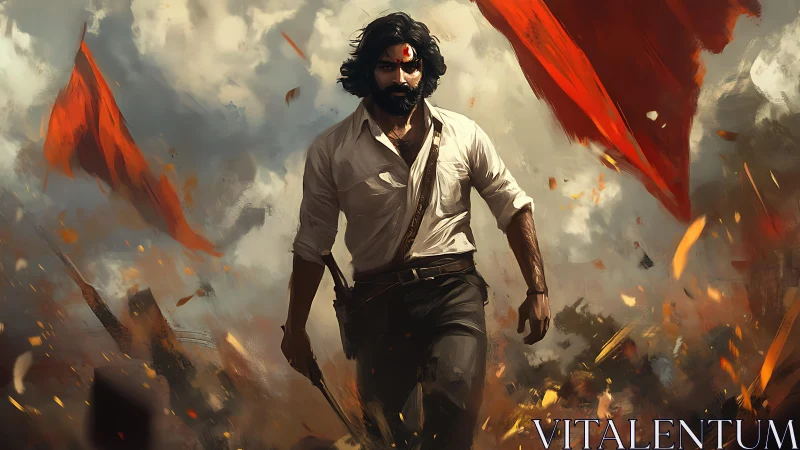 Warrior strides through firestorm beneath blazing red banners.