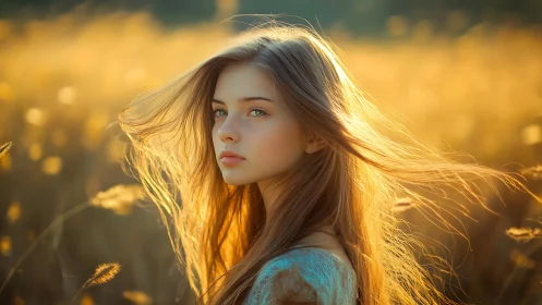 Young woman in sunlit field with long flowing hair portrait.