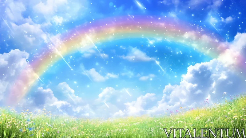 Luminous rainbow arcs above sunlit meadow under vivid sky
