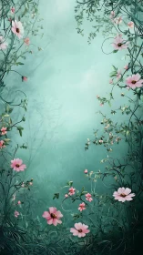 Floral composition with pink cosmos flowers on teal background.