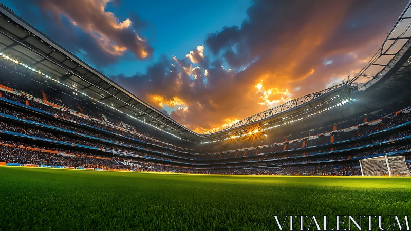 Sunset roar above emerald pitch in colossal stadium glow.