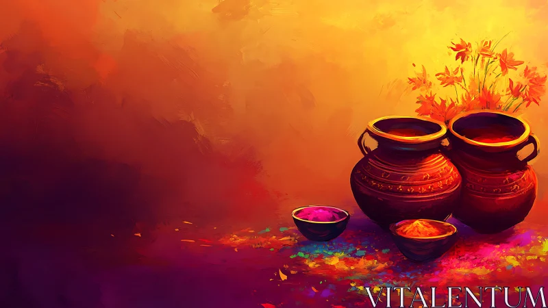 Clay pots cradle festival colors in a glowing sunset hush