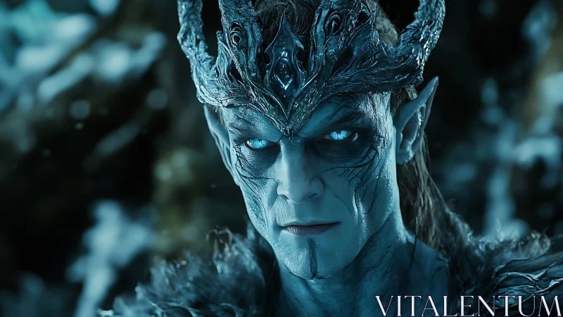 Iceborn lich king portrait with glacial crown and stare.