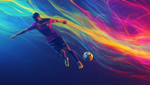 Digital soccer player in motion with multicolor light trails.