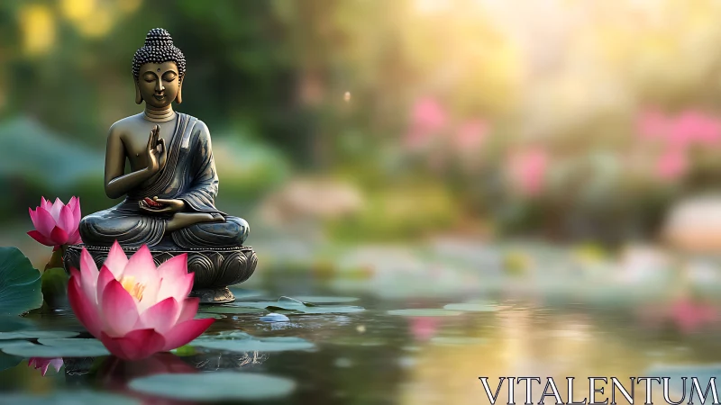 Lotus pond Buddha statue basking in hush-soft sunrise light.
