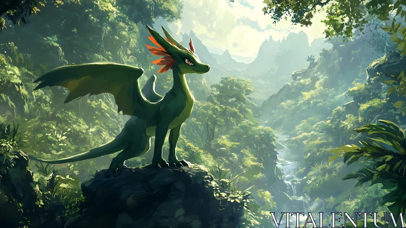 Forest-scout dragon atop emerald valley sunrise lookout.